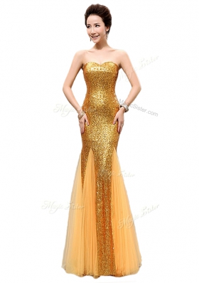 Traditional Sequins Floor Length Mermaid Sleeveless Gold Prom Gown Zipper