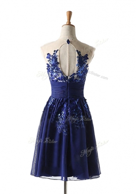 A-line Prom Dress Navy Blue Scoop Chiffon Sleeveless Knee Length Backless