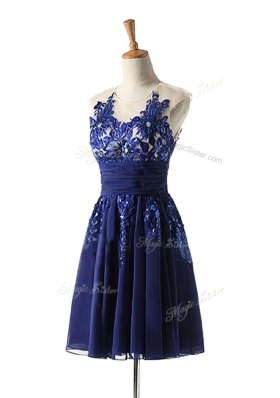 A-line Prom Dress Navy Blue Scoop Chiffon Sleeveless Knee Length Backless