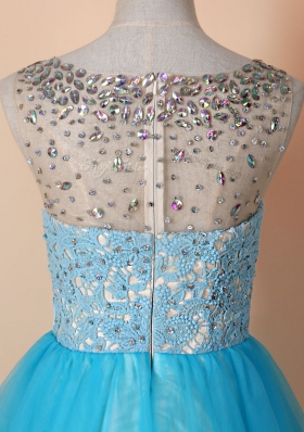 A-line Prom Evening Gown Blue Scoop Tulle Sleeveless Knee Length Zipper