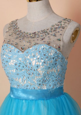 A-line Prom Evening Gown Blue Scoop Tulle Sleeveless Knee Length Zipper