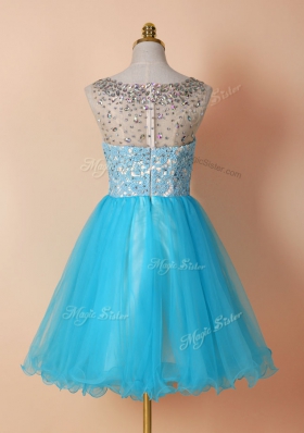 A-line Prom Evening Gown Blue Scoop Tulle Sleeveless Knee Length Zipper