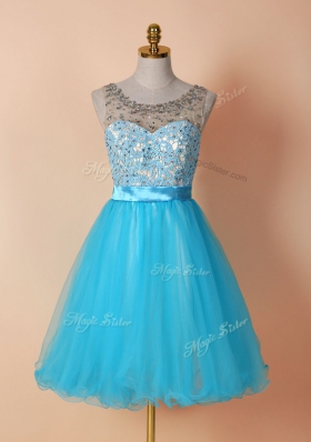 A-line Prom Evening Gown Blue Scoop Tulle Sleeveless Knee Length Zipper
