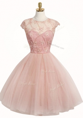 Adorable Scoop Knee Length Pink Prom Dresses Tulle Cap Sleeves Appliques