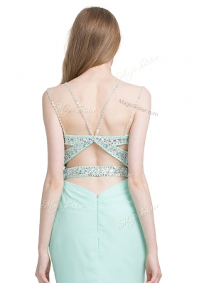 Apple Green Column/Sheath Chiffon Spaghetti Straps Sleeveless Beading With Train Criss Cross Evening Dress Brush Train