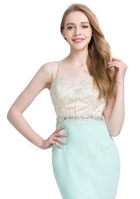 Apple Green Column/Sheath Chiffon Spaghetti Straps Sleeveless Beading With Train Criss Cross Evening Dress Brush Train