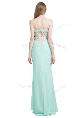 Apple Green Column/Sheath Chiffon Spaghetti Straps Sleeveless Beading With Train Criss Cross Evening Dress Brush Train