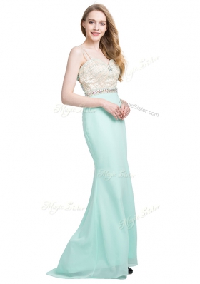 Apple Green Column/Sheath Chiffon Spaghetti Straps Sleeveless Beading With Train Criss Cross Evening Dress Brush Train
