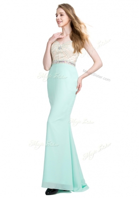 Apple Green Column/Sheath Chiffon Spaghetti Straps Sleeveless Beading With Train Criss Cross Evening Dress Brush Train