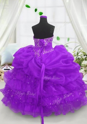 Attractive Sweetheart Sleeveless Girls Pageant Dresses Floor Length Beading and Ruffled Layers and Pick Ups Purple Organza