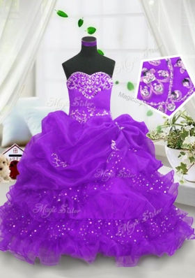 Attractive Sweetheart Sleeveless Girls Pageant Dresses Floor Length Beading and Ruffled Layers and Pick Ups Purple Organza