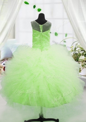 Beauteous Scoop Apple Green Sleeveless Floor Length Beading and Appliques Zipper Little Girl Pageant Gowns