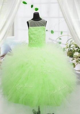 Beauteous Scoop Apple Green Sleeveless Floor Length Beading and Appliques Zipper Little Girl Pageant Gowns