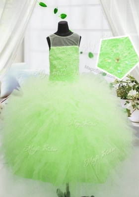 Beauteous Scoop Apple Green Sleeveless Floor Length Beading and Appliques Zipper Little Girl Pageant Gowns