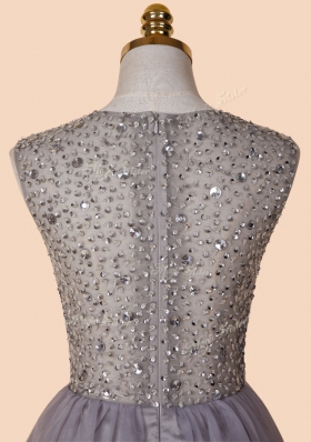 Beautiful Knee Length Zipper Prom Evening Gown Grey and In for Prom with Sequins
