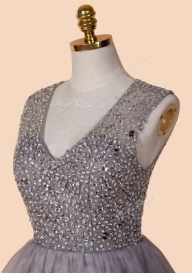 Beautiful Knee Length Zipper Prom Evening Gown Grey and In for Prom with Sequins