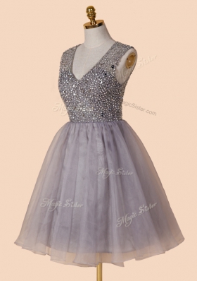 Beautiful Knee Length Zipper Prom Evening Gown Grey and In for Prom with Sequins