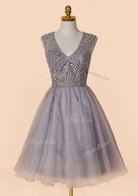 Beautiful Knee Length Zipper Prom Evening Gown Grey and In for Prom with Sequins