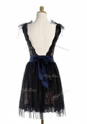 Black Backless Scoop Lace and Belt Prom Dress Lace Sleeveless