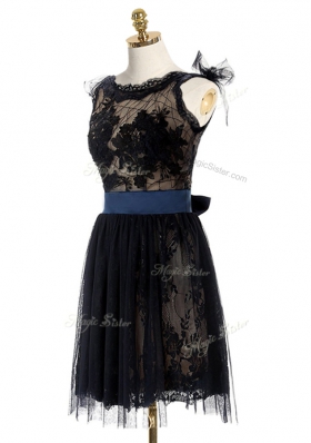 Black Backless Scoop Lace and Belt Prom Dress Lace Sleeveless