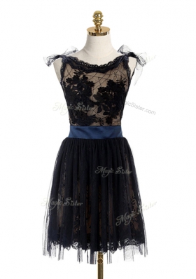 Black Backless Scoop Lace and Belt Prom Dress Lace Sleeveless