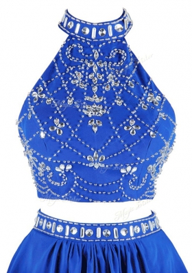 Blue A-line High-neck Sleeveless Chiffon Mini Length Zipper Beading Prom Party Dress