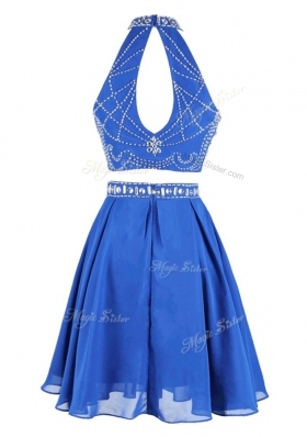 Blue A-line High-neck Sleeveless Chiffon Mini Length Zipper Beading Prom Party Dress