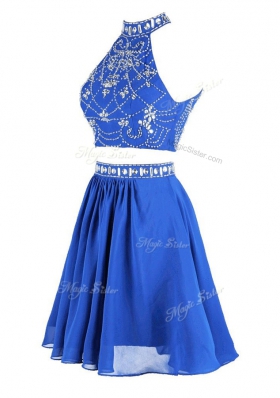 Blue A-line High-neck Sleeveless Chiffon Mini Length Zipper Beading Prom Party Dress