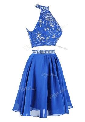 Blue A-line High-neck Sleeveless Chiffon Mini Length Zipper Beading Prom Party Dress