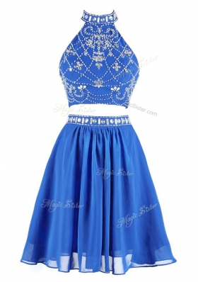 Blue A-line High-neck Sleeveless Chiffon Mini Length Zipper Beading Prom Party Dress