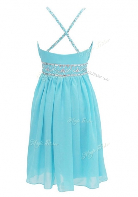 Charming A-line Prom Evening Gown Aqua Blue Halter Top Chiffon Sleeveless Knee Length Criss Cross