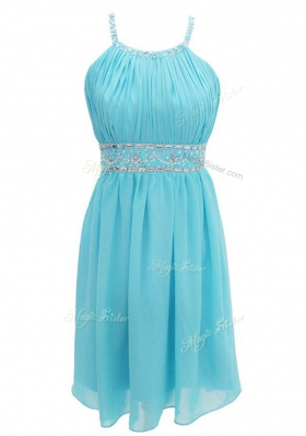 Charming A-line Prom Evening Gown Aqua Blue Halter Top Chiffon Sleeveless Knee Length Criss Cross