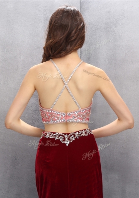 Colorful Scoop Criss Cross With Train Burgundy Evening Dress Silk Like Satin Sweep Train Sleeveless Beading