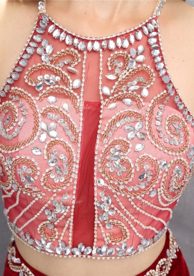 Colorful Scoop Criss Cross With Train Burgundy Evening Dress Silk Like Satin Sweep Train Sleeveless Beading