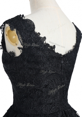 Custom Made Black A-line Lace V-neck Sleeveless Lace Knee Length Zipper Prom Party Dress