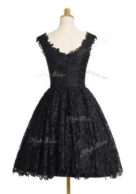 Custom Made Black A-line Lace V-neck Sleeveless Lace Knee Length Zipper Prom Party Dress