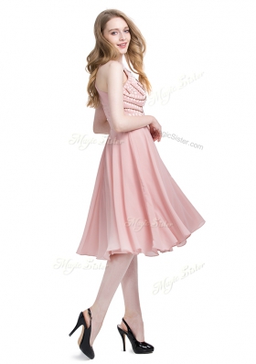 Customized Chiffon Scoop Sleeveless Zipper Beading Evening Dress in Pink