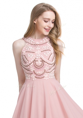 Customized Chiffon Scoop Sleeveless Zipper Beading Evening Dress in Pink