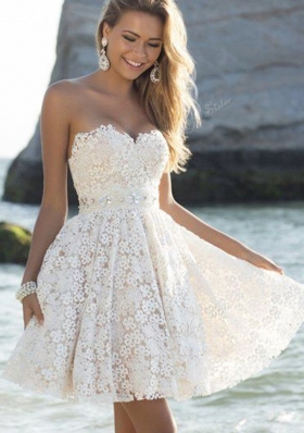 Deluxe Lace Mini Length White Evening Dress Sweetheart Sleeveless Zipper