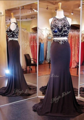 Excellent Scoop Purple Sleeveless With Train Beading and Appliques Zipper Dress for Prom