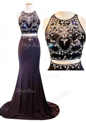 Excellent Scoop Purple Sleeveless With Train Beading and Appliques Zipper Dress for Prom