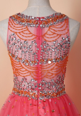 Fancy Scoop Knee Length Zipper Prom Evening Gown Watermelon Red and In for Prom with Beading