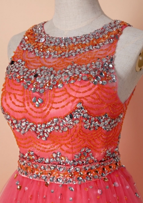 Fancy Scoop Knee Length Zipper Prom Evening Gown Watermelon Red and In for Prom with Beading