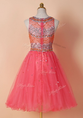 Fancy Scoop Knee Length Zipper Prom Evening Gown Watermelon Red and In for Prom with Beading