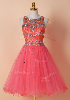 Fancy Scoop Knee Length Zipper Prom Evening Gown Watermelon Red and In for Prom with Beading