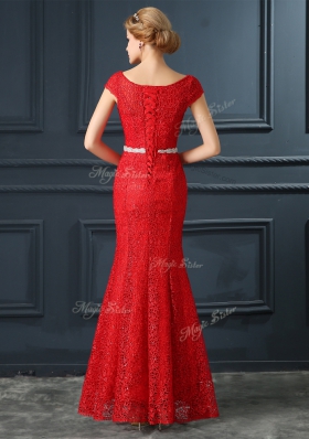 Fashion Mermaid Red Scoop Neckline Beading Prom Party Dress Cap Sleeves Lace Up