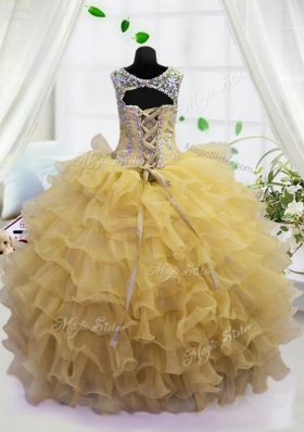 Fashionable Light Yellow Scoop Neckline Beading and Ruffled Layers Girls Pageant Dresses Sleeveless Lace Up