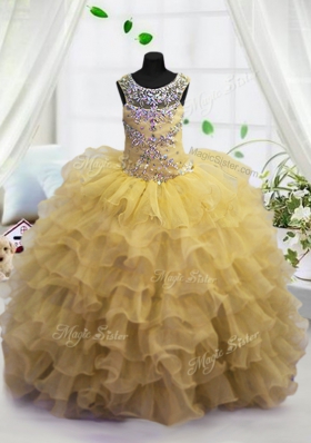 Fashionable Light Yellow Scoop Neckline Beading and Ruffled Layers Girls Pageant Dresses Sleeveless Lace Up