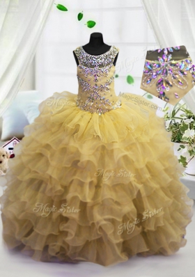 Fashionable Light Yellow Scoop Neckline Beading and Ruffled Layers Girls Pageant Dresses Sleeveless Lace Up