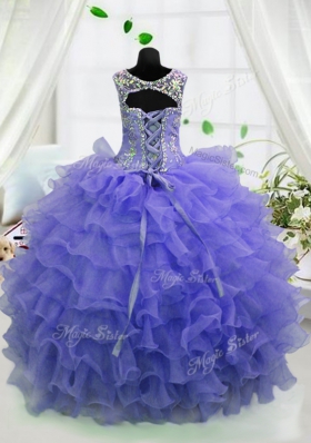 Graceful Lavender Lace Up Scoop Beading and Ruffled Layers Little Girls Pageant Gowns Organza Sleeveless